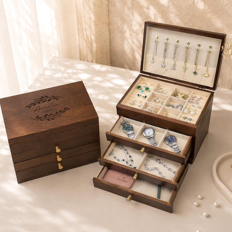 May include: A dark brown wooden jewelry box with multiple drawers and compartments. The box is open, revealing various jewelry pieces, including rings, necklaces, and watches. The closed box has the name "Amelia" engraved on the lid.