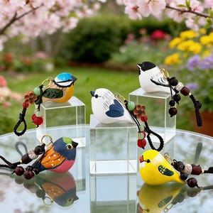 Könnte beinhalten: Fünf farbenfrohe Vogelfiguren, die jeweils auf einem transparenten Acrylblock platziert sind. Die Vögel weisen detaillierte Malereien in verschiedenen Farben auf, darunter Blau, Gelb, Orange und Weiß. Jeder Vogel hat eine dekorative Perlenquaste.