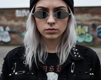 Y2K Silver Oval Sunglasses – Retro Futuristic Sunnies Alt Gothic Goth Emo A