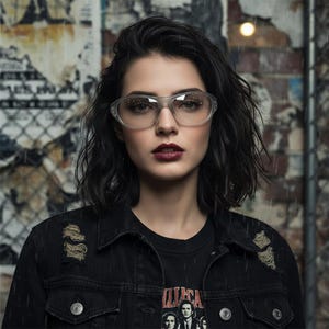 May include: A woman wearing clear-framed eyeglasses and a black denim jacket with distressed details. She has dark hair and is wearing a black t-shirt with a band graphic. The background features a brick wall and posters.