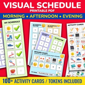 May include: A collection of printable visual schedule cards with the text "VISUAL SCHEDULE PRINTABLE PDF". The cards include "MORNING", "AFTERNOON", and "EVENING" routines, plus activity cards and a reward chart. The cards are on a red background.