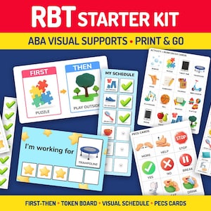 May include: A set of ABA visual support cards, including "First-Then" boards, token boards, visual schedules, and PECS cards. The cards feature colourful illustrations and text, such as "Puzzle," "Play Outside," and "Trampoline." The text "RBT Starter Kit" is at the top.