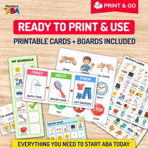 Pu&ograve; includere: Schede e lavagne ABA stampabili con la scritta "READY TO PRINT & USE". Le schede includono programmi visivi, schede attivit&agrave; e tabelle di ricompensa. Le schede presentano illustrazioni per le routine e le attivit&agrave; quotidiane. &Egrave; incluso anche il testo "EVERYTHING YOU NEED TO START ABA TODAY".
