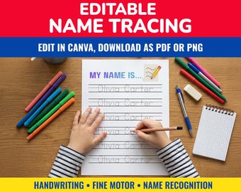 Name Tracing Editable Worksheet, Canva Template, Custom Name Writing Practice