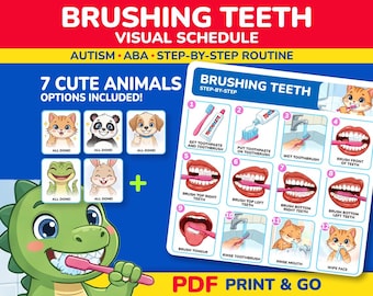 Brushing Teeth Visual Schedule, 7 Animal Options, Life Skills, Autism & ABA