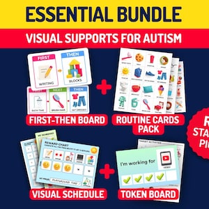 May include: An essential bundle of visual supports for autism featuring a first-then board, a routine cards pack, a visual schedule, and a token board. The text includes ESSENTIAL BUNDLE, VISUAL SUPPORTS FOR AUTISM, RBT STARTER PICKS, and labels.