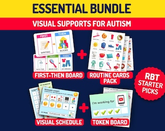 Visuelle Unterstützung Essential Bundle, RBT Starter Kit, Autismus druckbar, Zuerst dann Tafel, Tokentafel, visueller Stundenplan, Routinekarten