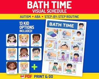 Badezeit visueller Stundenplan zum ausdrucken, Kinderbad-Routine-Diagramm, ABA-visuelle Unterstützung, Selbstfürsorge-Fähigkeiten des täglichen Lebens PDF