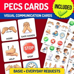 Pu&ograve; includere: Una raccolta di schede PECS (Picture Exchange Communication System) per la comunicazione visiva. Le schede presentano immagini e testo per richieste di base e quotidiane, tra cui "di pi&ugrave;", "aiuto" e "stop". Un cerchio verde con un segno di spunta e la parola "INCLUSO" si trova in alto a destra.