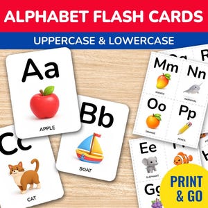 May include: Alphabet flash cards with uppercase and lowercase letters. Each card features a letter, a corresponding image, and the word for the image. Images include an apple, boat, cat, mango, orange, pencil, elephant, fish, turtle, and house.