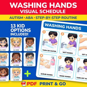 May include: A visual schedule for washing hands, designed for autism and ABA therapy. The poster includes a step-by-step routine with illustrations and text. It features 13 kid options and the text "Washing Hands" at the top.