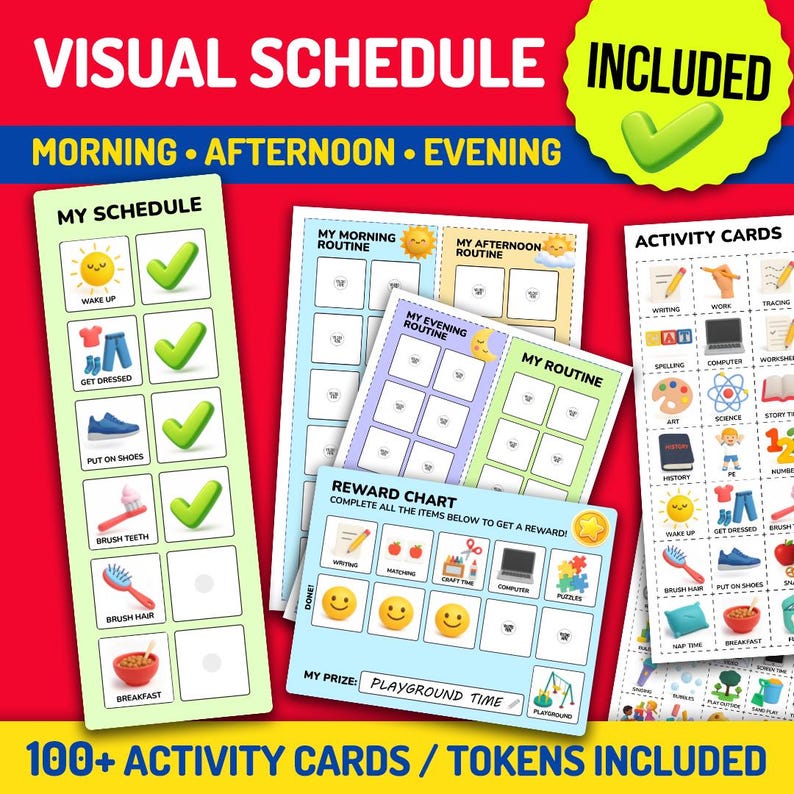 Pu&ograve; includere: Un set di programmi visivi con schede attivit&agrave;. Il set include schede per le routine del mattino, del pomeriggio e della sera. Le schede presentano illustrazioni e testo per attivit&agrave; come svegliarsi, vestirsi e lavarsi i denti. &Egrave; inclusa anche una tabella delle ricompense.