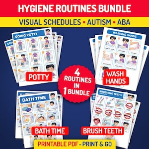 May include: A hygiene routines bundle featuring four visual schedules for going potty, washing hands, bath time, and brushing teeth. Each sheet includes numbered cartoon illustrations and text instructions. A red starburst graphic states 4 routines in 1 bundle.