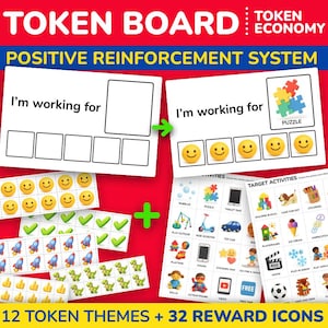 May include: A red background displays a token board system with the text "TOKEN BOARD" and "POSITIVE REINFORCEMENT SYSTEM." The set includes boards, reward icons, and the text "I'm working for." It features 12 token themes and 32 reward icons.