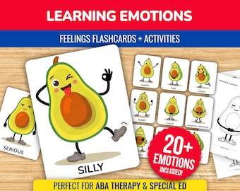 Emotion Learning Cards, 20+ Cute Avocado Cards + Activities, Emotion Identification, SEL and ABA, Printable