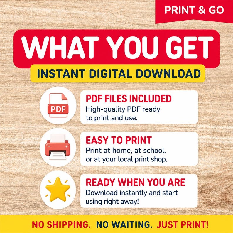 May include: A graphic with the text "WHAT YOU GET" and "INSTANT DIGITAL DOWNLOAD". It highlights PDF files, easy printing, and immediate availability. The image includes a PDF icon, a printer icon, and a star icon.