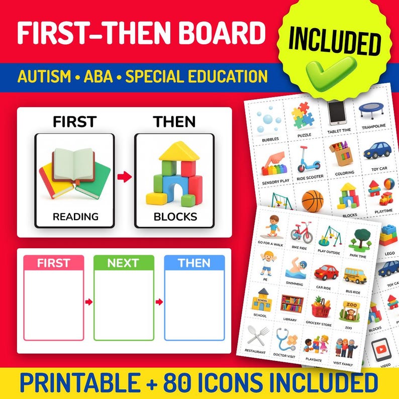 Pu&ograve; includere: Una lavagna "Prima-Poi" colorata con il testo "Autismo &bull; ABA &bull; Educazione Speciale". Include ausili visivi per la lettura e i blocchi, oltre a 80 icone stampabili. Un cerchio giallo con un segno di spunta verde dice "Incluso".