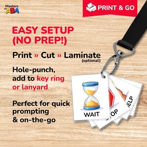 May include: Printed cards with illustrations and text, including an hourglass labeled "WAIT" and a stop sign, attached to a key ring or lanyard. Instructions are provided for easy setup and on-the-go use, ideal for quick prompting.