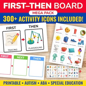 May include: A visual aid for children, featuring a "First-Then" board with activity icons. The image includes cards with illustrations for tracing, playground, and daily routines. Text includes "300+ Activity Icons Included!" and "Printable Autism ABA Special Education."