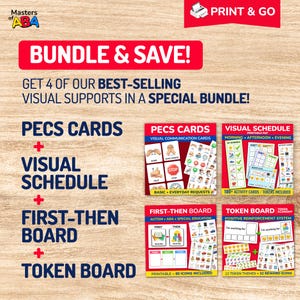 Pu&ograve; includere: Un pacchetto di materiali di supporto visivo per la terapia ABA, tra cui schede PECS, programmi visivi, schede prima-poi e schede gettoni. L'immagine presenta risorse educative colorate con testo e illustrazioni.