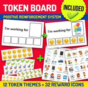 Pu&ograve; includere: Un set di schede token con il testo "TOKEN BOARD" e "POSITIVE REINFORCEMENT SYSTEM". Include schede con il testo "I'm working for" e icone di ricompensa come faccine sorridenti, razzi e dinosauri. Include anche un cerchio verde con un segno di spunta e la parola "INCLUDED".