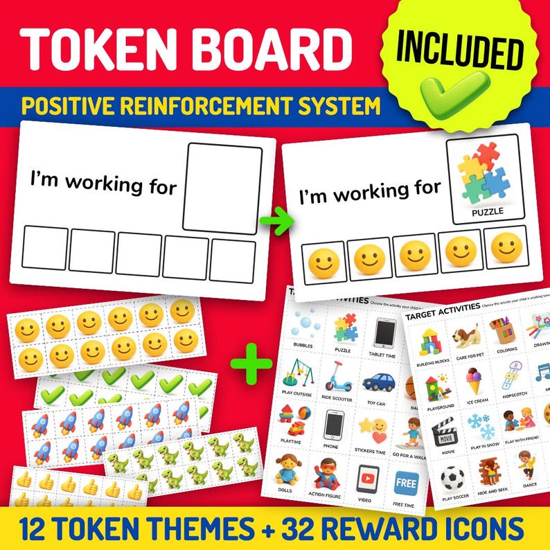 Pu&ograve; includere: Un set di schede token con il testo "TOKEN BOARD" e "POSITIVE REINFORCEMENT SYSTEM". Include schede con il testo "I'm working for" e icone di ricompensa come faccine sorridenti, razzi e dinosauri. Include anche un cerchio verde con un segno di spunta e la parola "INCLUDED".