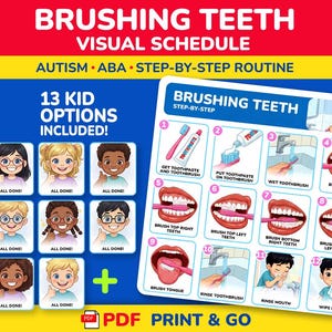 Peut inclure: Un emploi du temps visuel pour le brossage des dents, avec des instructions et des illustrations étape par étape. Comprend 13 options pour enfants. Le texte indique "BRUSHING TEETH VISUAL SCHEDULE AUTISM ABA STEP-BY-STEP ROUTINE". Le produit est un PDF à imprimer et à emporter.