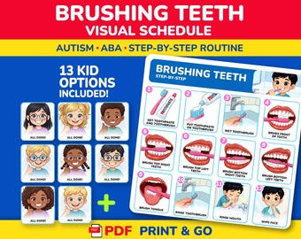 Programma visivo per lavarsi i denti, 13 opzioni per bambini incluse, autismo e ABA