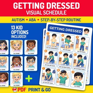 Può includere: Una tabella di routine visiva Getting Dressed con nove passaggi numerati che illustrano un bambino che si veste, accompagnata da nove icone di personaggi diversi con il testo All Done, il tutto su uno sfondo blu.