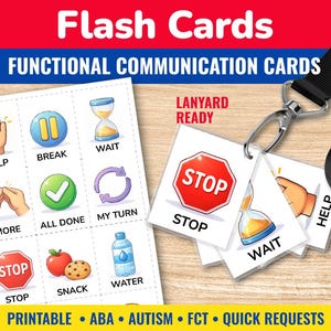 May include: Flash cards for functional communication. The cards feature colorful illustrations and text prompts like "Help," "Break," and "Wait." The cards are attached to a lanyard and are labeled "Lanyard Ready."