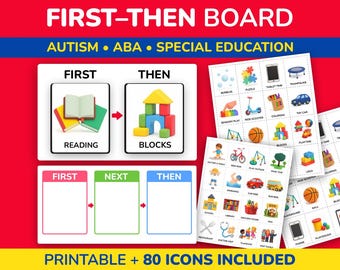 Programma visivo First Then Board + 80 icone di attività, PDF stampabile, terapia ABA, supporti visivi per l'autismo