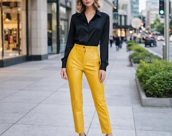 Pantalones de cuero amarillos para mujer, hechos a mano, pantalones de motociclista de piel de cordero, pantalones de cuero ajustados, pantalones de estilo urbano para montar a caballo.