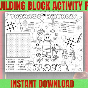 May include: Black and white printable building block activity sheet with the text "BUILDING BLOCK ACTIVITY PDF" and "THOMA'S 6TH BIRTHDAY". Includes word scramble, I Spy, and other building block themed activities. The words "INSTANT DOWNLOAD" are also visible.