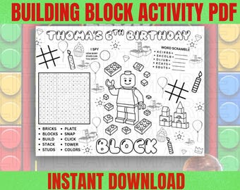Building Blocks Birthday Activity Sheet – Printable Kids Coloring Placemat, Block Party Games & Editable Party Template