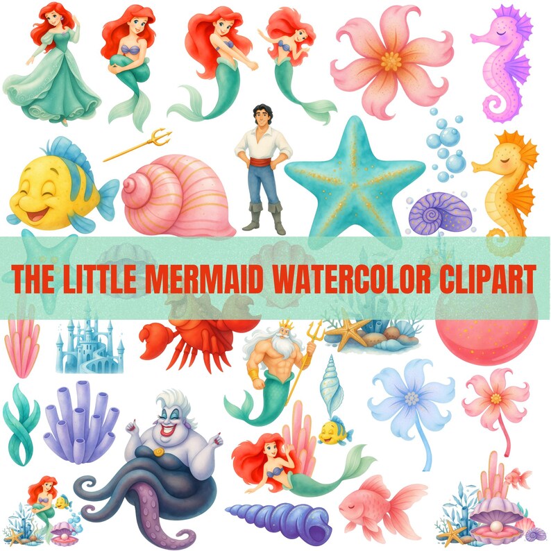 The Little Mermaid Watercolor Clipart Bundle | Ariel Under the Sea ...