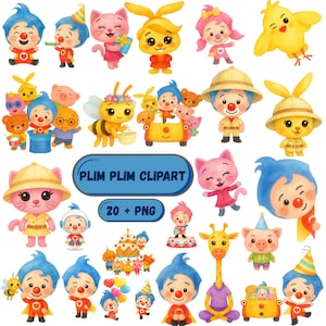 Può includere: Una collezione di clip art di personaggi dei cartoni animati colorati. I personaggi includono clown, gatti, conigli, un'ape, una giraffa e un maiale. I personaggi sono in varie pose e abiti, con uno striscione blu che recita "PLIM PLIM CLIPART" e "20 + PNG".