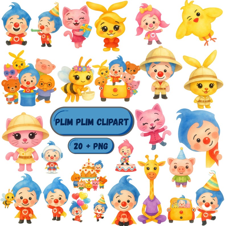 May include: A collection of colorful cartoon character clip art. The characters include clowns, cats, rabbits, a bee, a giraffe, and a pig. The characters are in various poses and outfits, with a blue banner that reads "PLIM PLIM CLIPART" and "20 + PNG".
