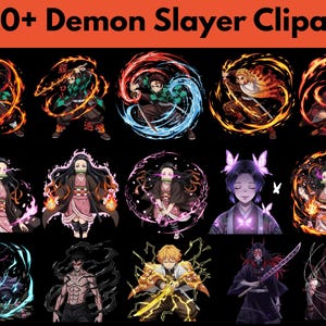 May include: A collection of colorful Demon Slayer cliparts on a black background. The images feature various characters with dynamic poses and effects, surrounded by flames, water, and other visual elements. Text at the top reads "200+ Demon Slayer Cliparts."