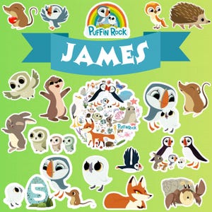 Puede incluir: Una colección de pegatinas de animales de dibujos animados coloridos, que incluyen búhos, frailecillos, zorros y erizos. Se muestra una pancarta con el nombre "JAMES", junto con el logotipo de "Puffin Rock". Las pegatinas están sobre un fondo verde degradado.