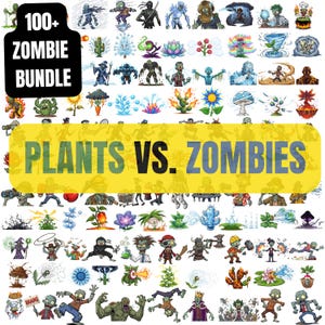 Puede incluir: Una colección de ilustraciones de dibujos animados con zombis y plantas. La imagen incluye el texto "100+ ZOMBIE BUNDLE" y "PLANTS VS. ZOMBIES" en una pancarta amarilla. Las ilustraciones son coloridas y muestran varios personajes.