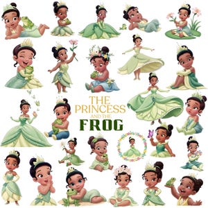 May include: A collage of illustrations featuring a princess in various poses, all in shades of green and gold. The princess is depicted with dark hair and a crown, often holding a frog or flowers. The text "THE PRINCESS AND THE FROG" is also visible.