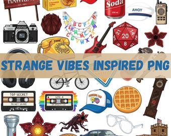 Strange Vibes PNG Bundle | Hawkins Digital Paper Clipart | Retro 80s Horror Sublimation Designs | 31 PNG Sticker Pack