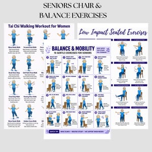 May include: Three instructional posters titled Seniors Chair & Balance Exercises, Tai Chi Walking Workout for Women, and Low Impact Seated Exercises. The charts feature blue-toned illustrations of a person demonstrating various physical movements.