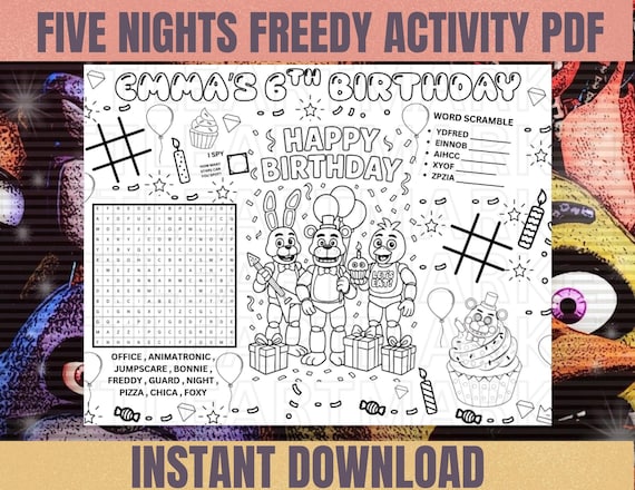 Five Nights at Freddy’s Birthday Activity Sheet, Printable Party Games, Kids Coloring & games, Instant Download