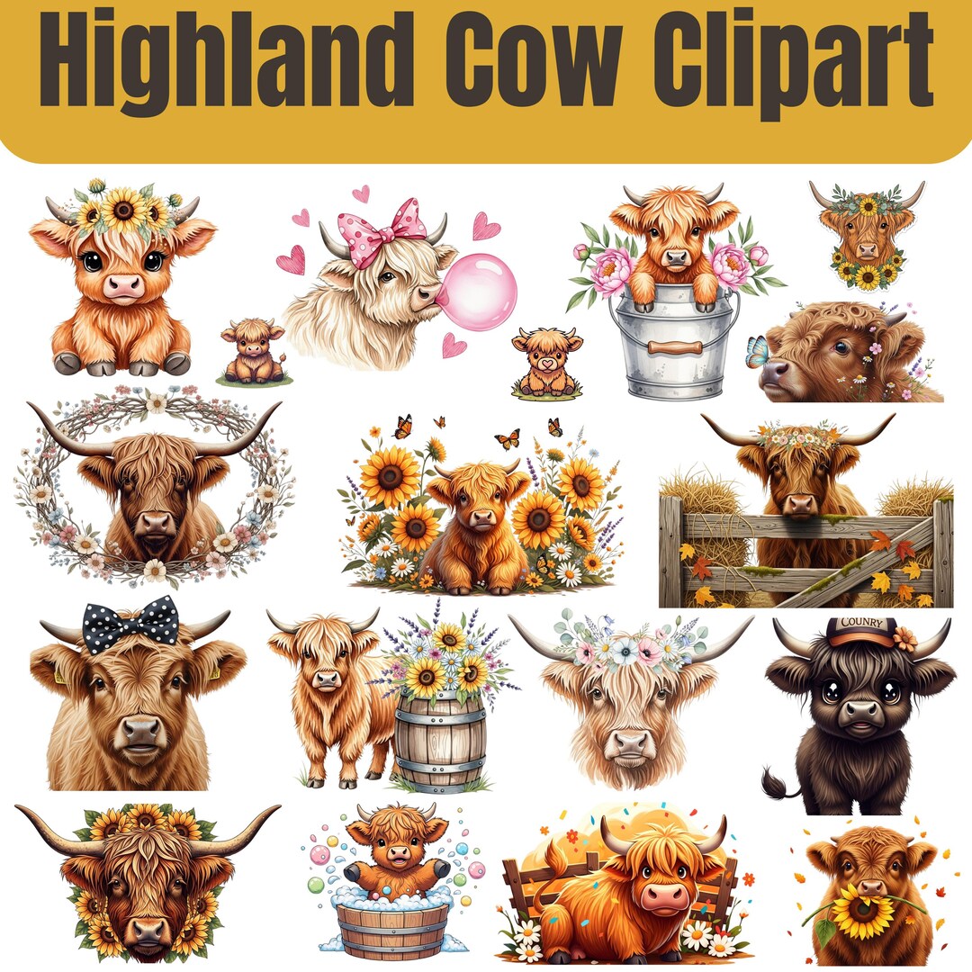 Highland Cow Clipart Bundle | Watercolor Farm Animal PNG (digital ...