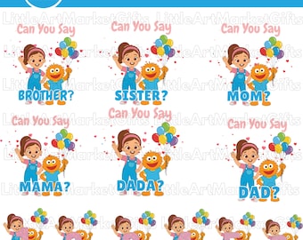 May include: A digital PNG bundle featuring 12 designs with the text "MISS RACHEL PNG BUNDLE". The designs include illustrations of a girl and a puppet with balloons, and the words "BROTHER?", "SISTER?", "MOM?", "MAMA?", "DADA?", "DAD?", and numbers 1-6.
