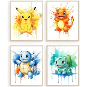 May include: Four framed watercolour prints featuring popular cartoon characters. The prints showcase Pikachu, Charmander, Squirtle, and Bulbasaur, each set against a colourful splash background. The characters are in a cartoon style.