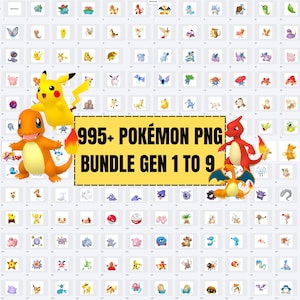 以下が含まれることがあります： 第1世代から第9世代までの995以上のポケモンPNG画像のコレクション。ピカチュウ、ヒトカゲ、リザードンなど、さまざまなポケモンのキャラクターが白い背景に描かれています。「995+ Pokémon PNG BUNDLE GEN 1 TO 9」というテキストが黄色のバナーに表示されています。