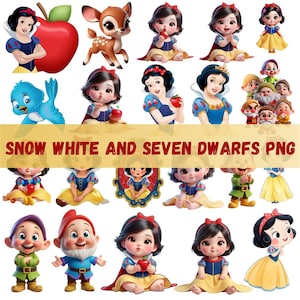 May include: A collection of Snow White and the Seven Dwarfs PNG images. The images include Snow White, the dwarfs, a deer, and a bluebird. The text "Snow White and Seven Dwarfs PNG" is displayed in a gold banner.