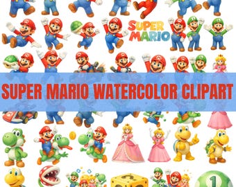 Super Mario Watercolor Clipart | Nintendo Characters PNG (Digital Download)